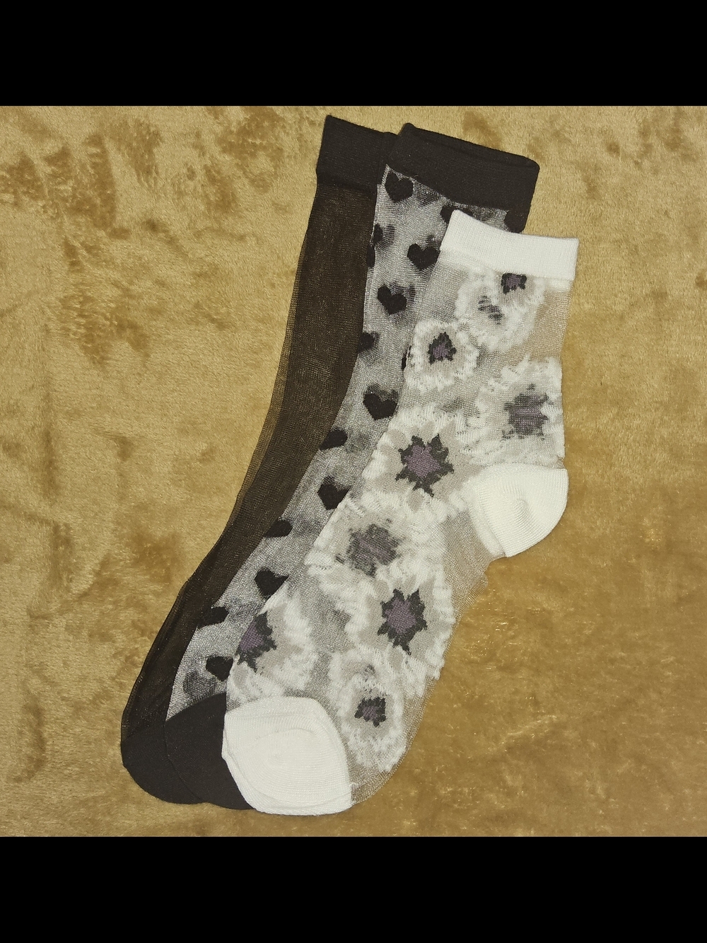 NWOT Random 3-Pack Sheer Mesh Ankle Socks Bundle - Floral, Hearts & Solid Blk